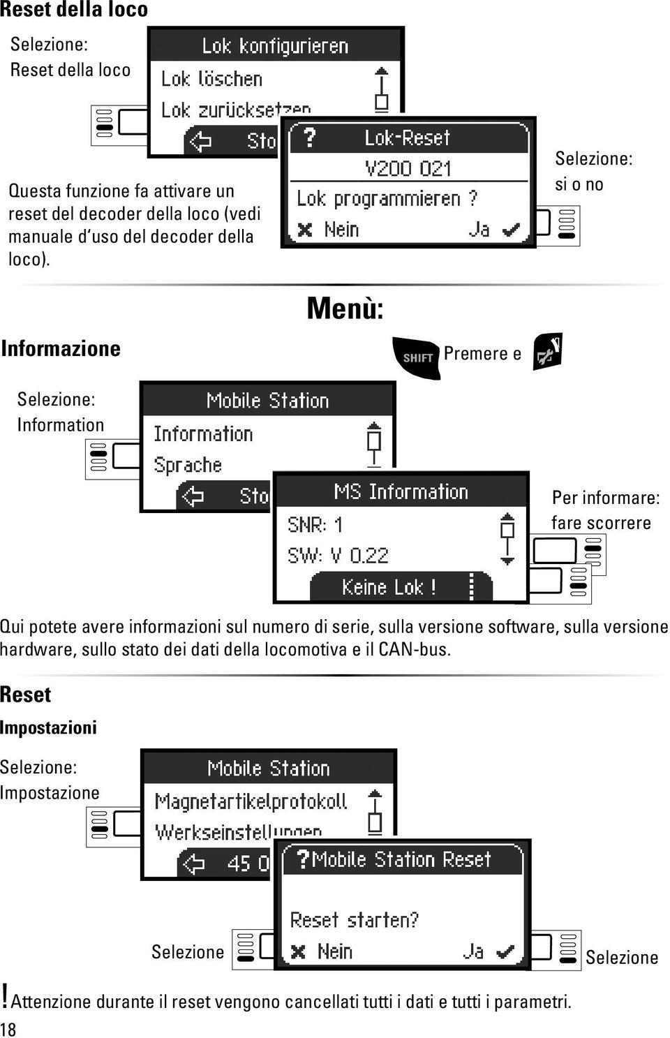 : si o no Informazione : Information Menù: SHIFT Premere e Per informare: fare scorrere Qui potete avere informazioni sul