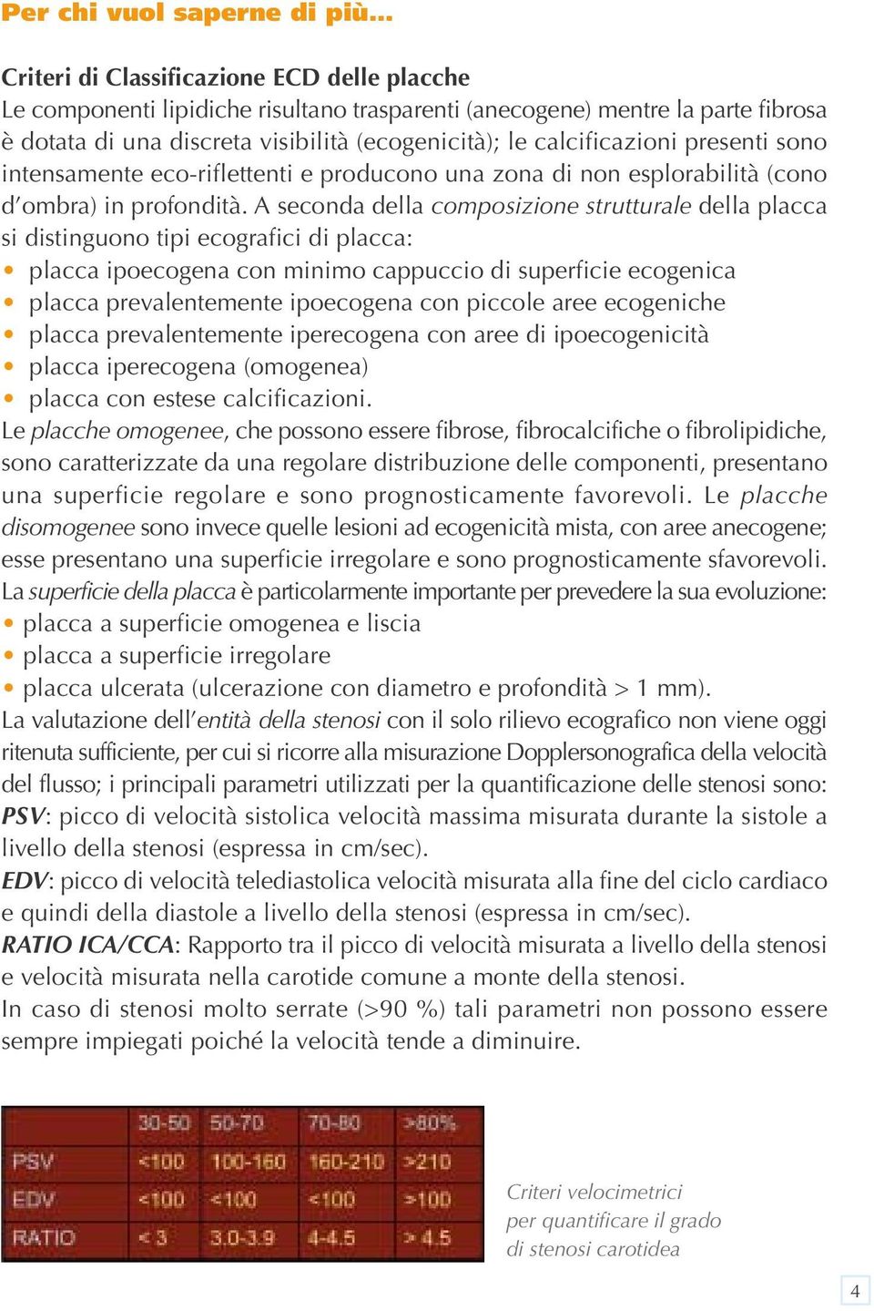 A seconda della composizione strutturale della placca si distinguono tipi ecografici di placca: placca ipoecogena con minimo cappuccio di superficie ecogenica placca prevalentemente ipoecogena con