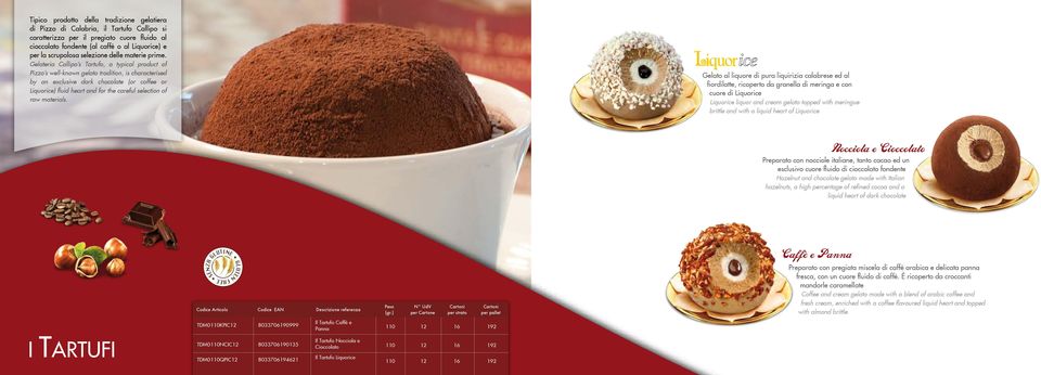 Gelateria Callipo s Tartufo, a typical product of Pizzo s well-known gelato tradition, is characterised by an exclusive dark chocolate (or coffee or Liquorice) fluid heart and for the careful