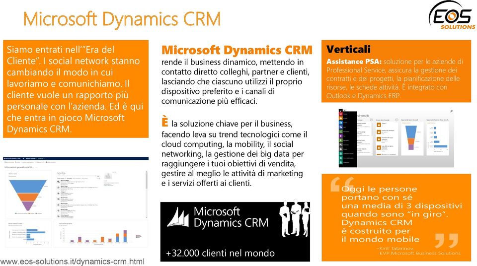 Microsoft Dynamics CRM rende il business dinamico, mettendo in contatto diretto colleghi, partner e clienti, lasciando che ciascuno utilizzi il proprio dispositivo preferito e i canali di