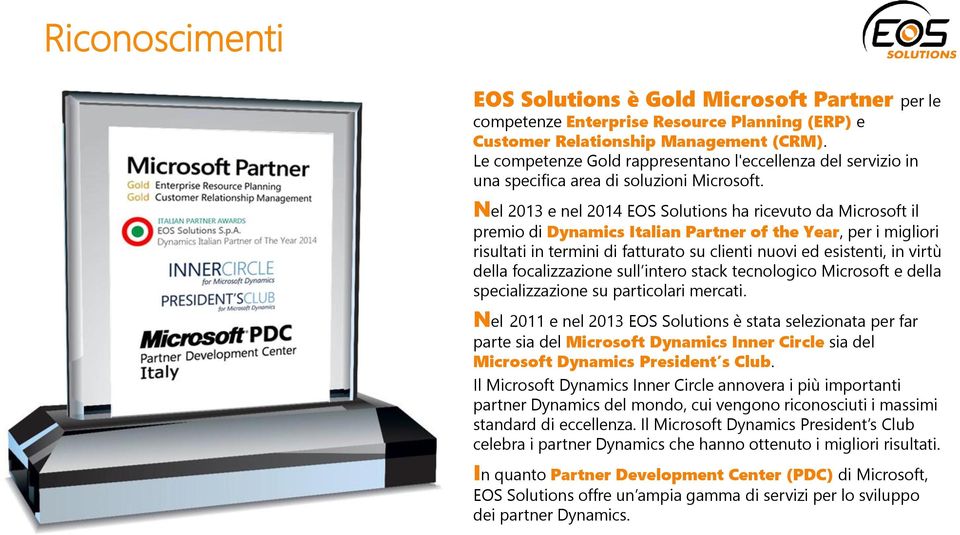 Nel 2013 e nel 2014 EOS Solutions ha ricevuto da Microsoft il premio di Dynamics Italian Partner of the Year, per i migliori risultati in termini di fatturato su clienti nuovi ed esistenti, in virtù