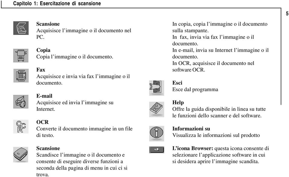 Scansione Scandisce l immagine o il documento e consente di eseguire diverse funzioni a seconda della pagina di menu in cui ci si trova. In copia, copia l immagine o il documento sulla stampante.