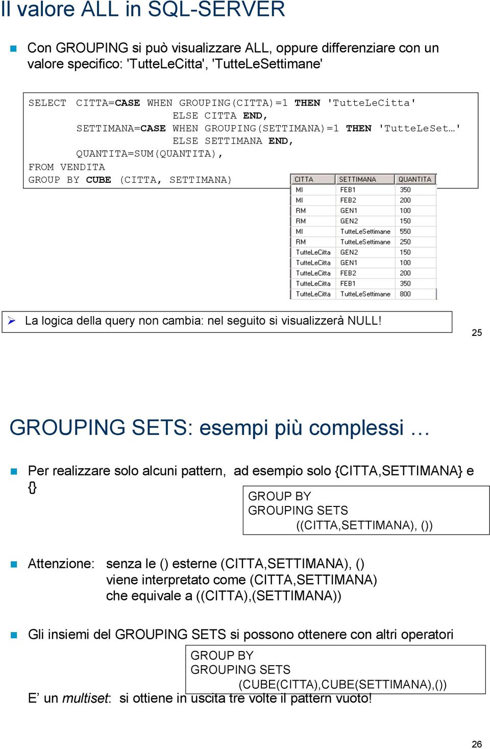 SETTIMANA=CASE WHEN GROUPING(SETTIMANA)=1 THEN 'TutteLeSet ' ELSE SETTIMANA END, QUANTITA=SUM(QUANTITA), GROUP BY CUBE (CITTA, SETTIMANA) $ La logica della query non cambia: nel seguito si