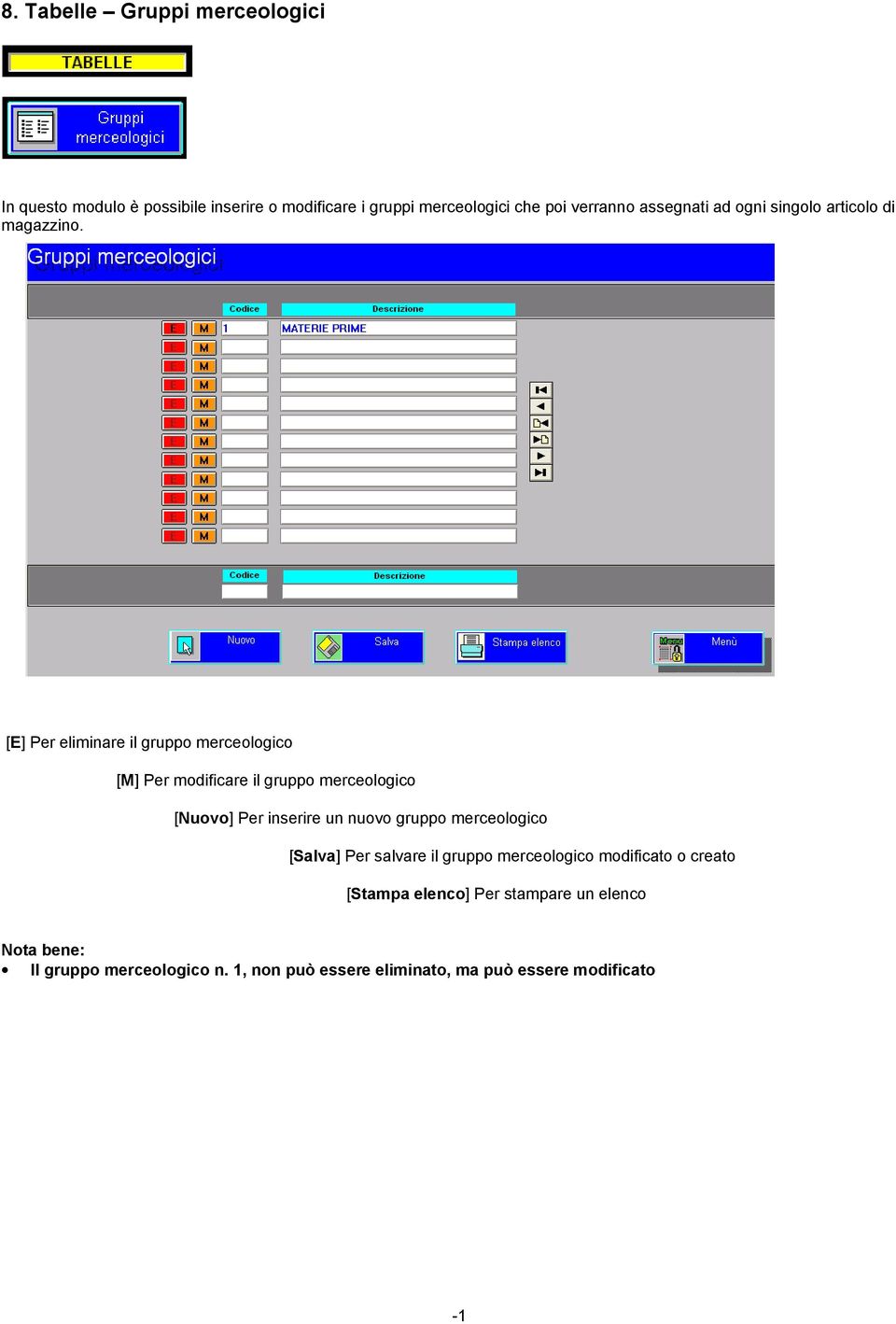 [E] Per eliminare il gruppo merceologico [M] Per modificare il gruppo merceologico [Nuovo] Per inserire un nuovo gruppo