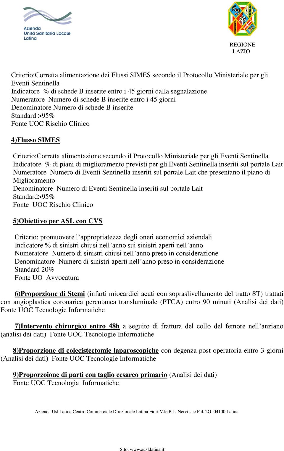 Ministeriale per gli Eventi Sentinella Indicatore % di piani di miglioramento previsti per gli Eventi Sentinella inseriti sul portale Lait Numeratore Numero di Eventi Sentinella inseriti sul portale