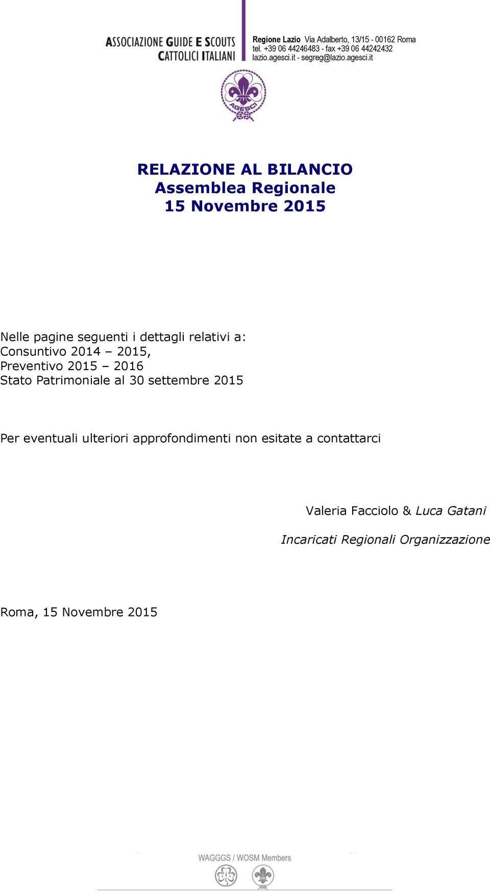 it RELAZIONE AL BILANCIO Assemblea Regionale 15 Novembre 2015 Nelle pagine seguenti i dettagli relativi a: Consuntivo