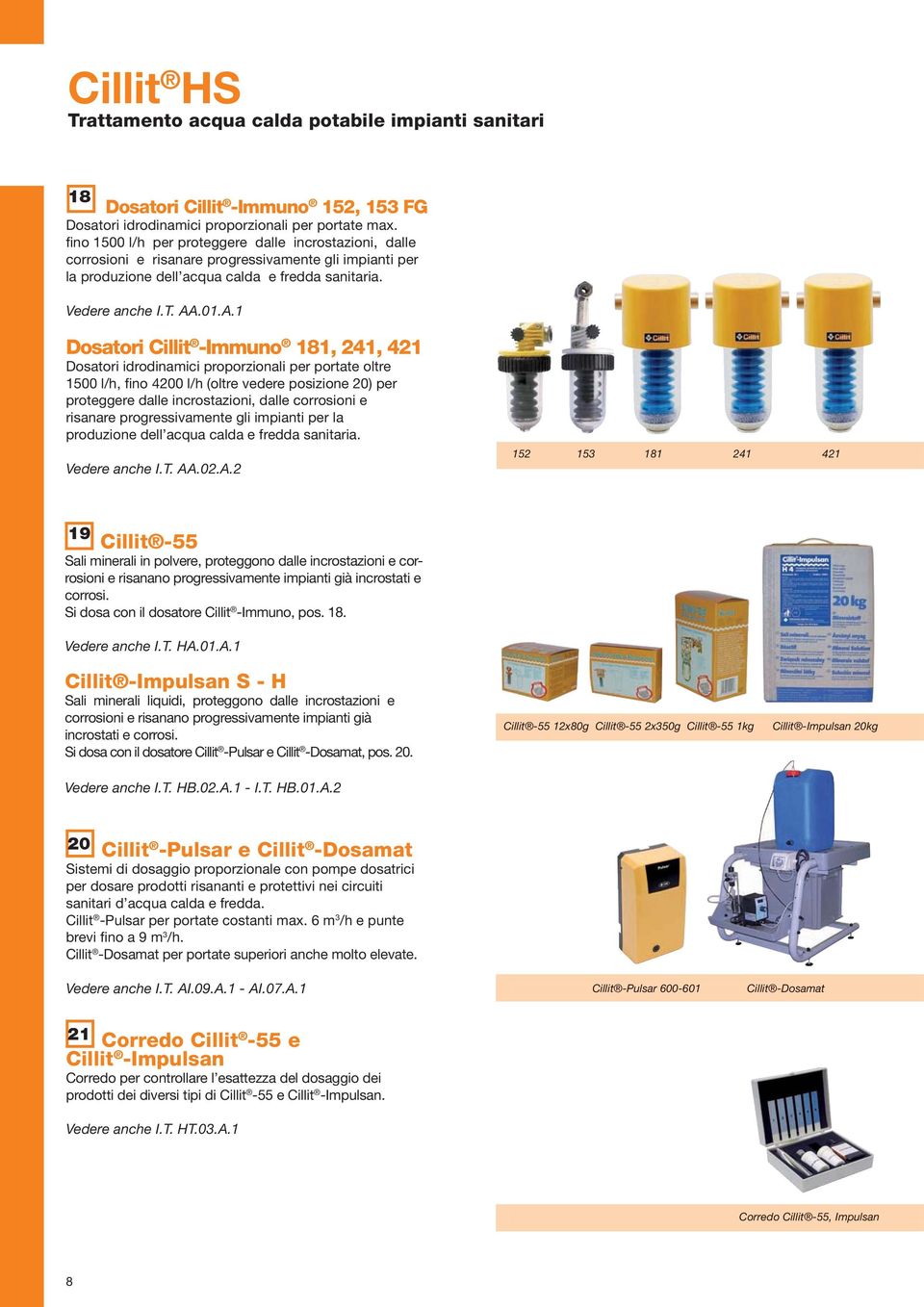 .1 osatori Cillit -Immuno 181, 241, 421 osatori idrodinamici proporzionali per portate oltre 1500 l/h, fino 4200 l/h (oltre vedere posizione 20) per proteggere dalle incrostazioni, dalle corrosioni e