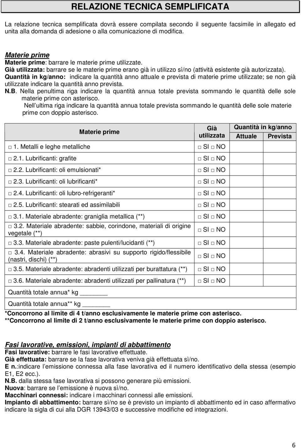 Quantità in kg/anno: indicare la quantità anno attuale e prevista di materie prime utilizzate; se non già utilizzate indicare la quantità anno prevista. N.B.