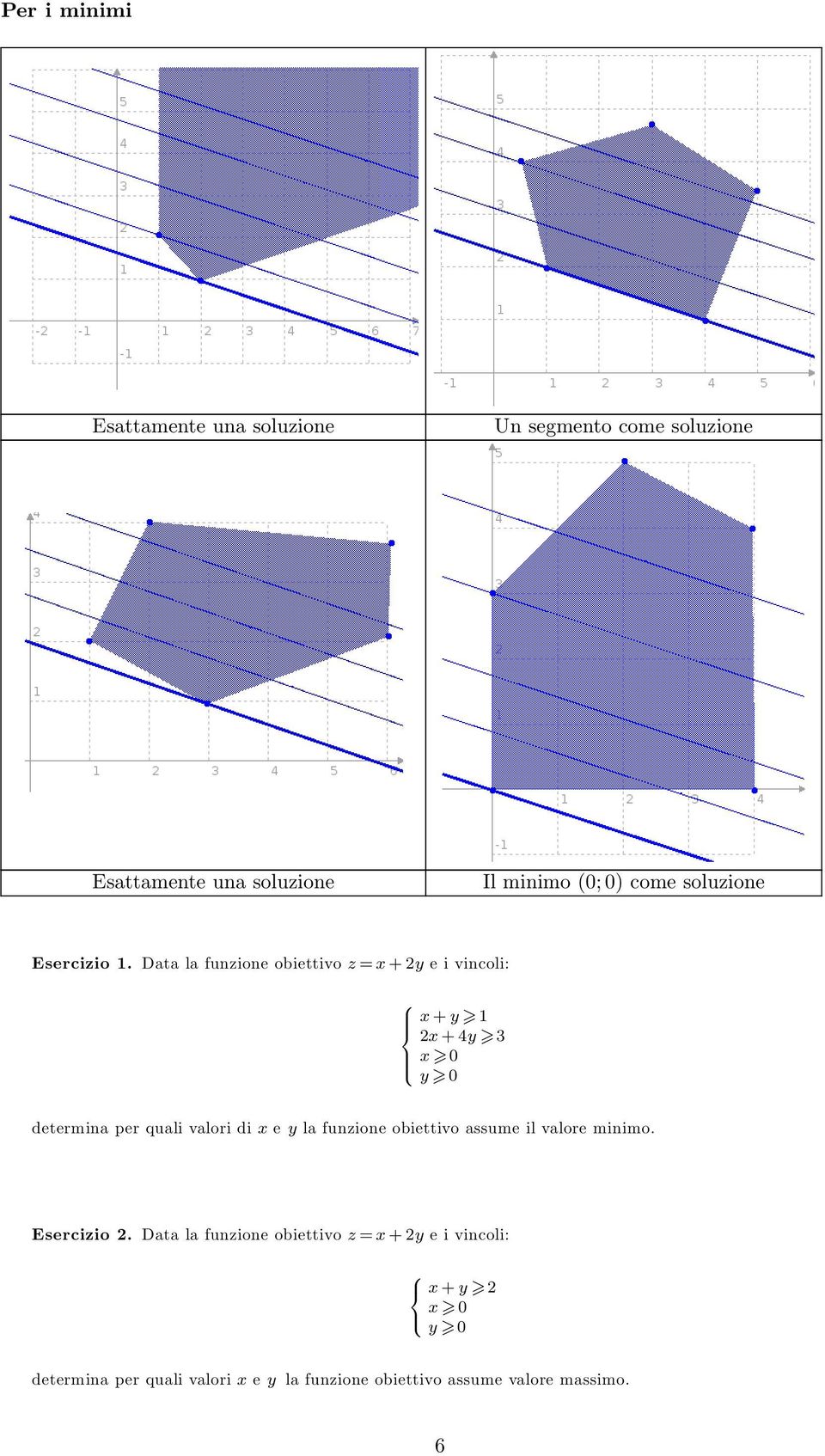 Data la funzione obiettivo z = x + 2y e i vincoli: x + y 1 2x + 4y 3 x 0 y 0 determina per quali valori di x e y