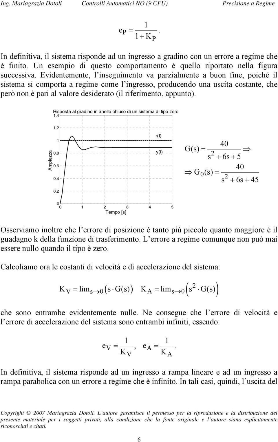 riferimento, appunto). Risposta al gradino in anello chiuso di un sistema di tipo zero.4 Ampiezza. 0.8 0.6 0.4 0.