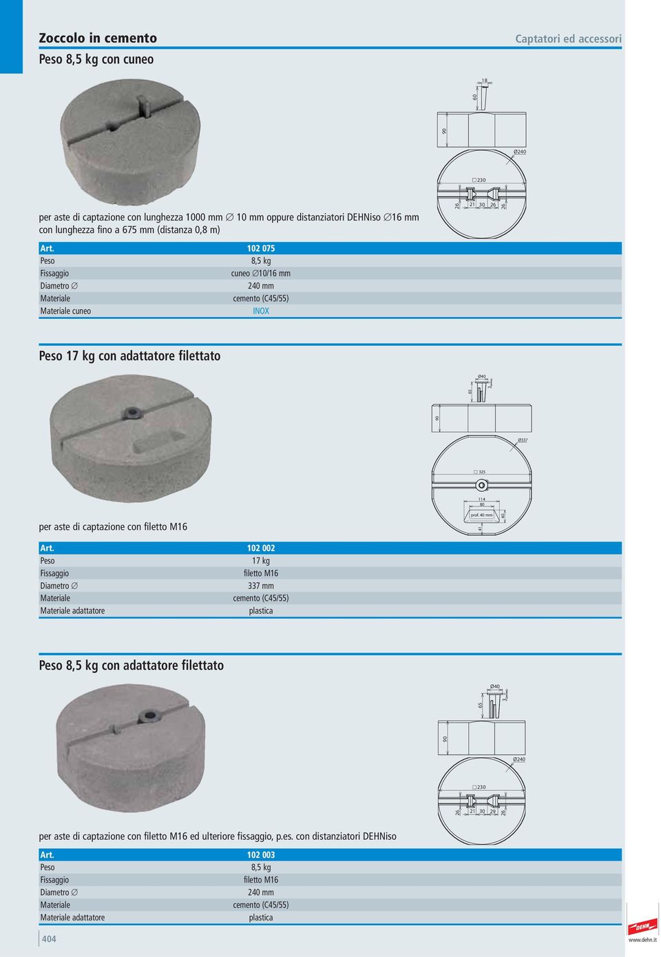 10 075 Peso 8,5 kg Fissaggio cuneo 10/16 mm Diametro mm cemento (C45/55) cuneo 6 1 0 6 6 Ø 90 65 Peso 17 kg con adattatore filettato Ø7 5 114 80 per aste di captazione con filetto M16