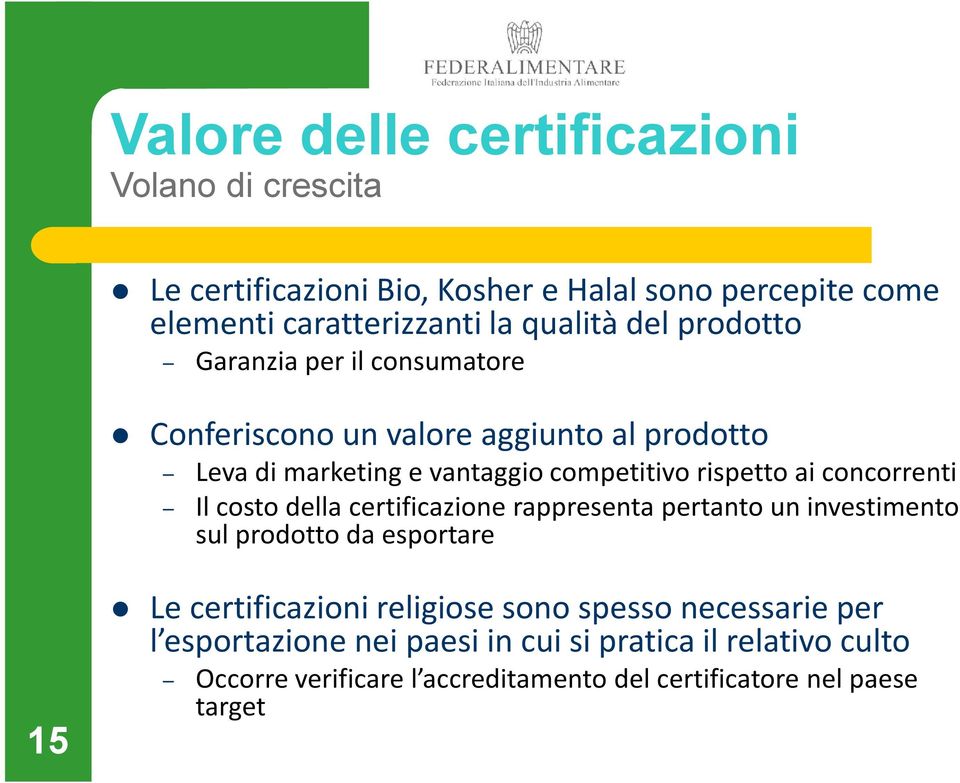 concorrenti Il costo della certificazione rappresenta pertanto un investimento sul prodotto da esportare Le certificazioni religiose sono