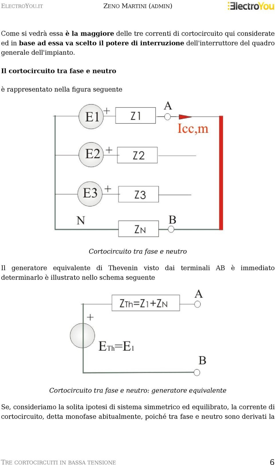 Il cortocircuito tra fase e neutro è rappresentato nella figura seguente Cortocircuito tra fase e neutro Il generatore equivalente di Thevenin visto dai terminali AB è