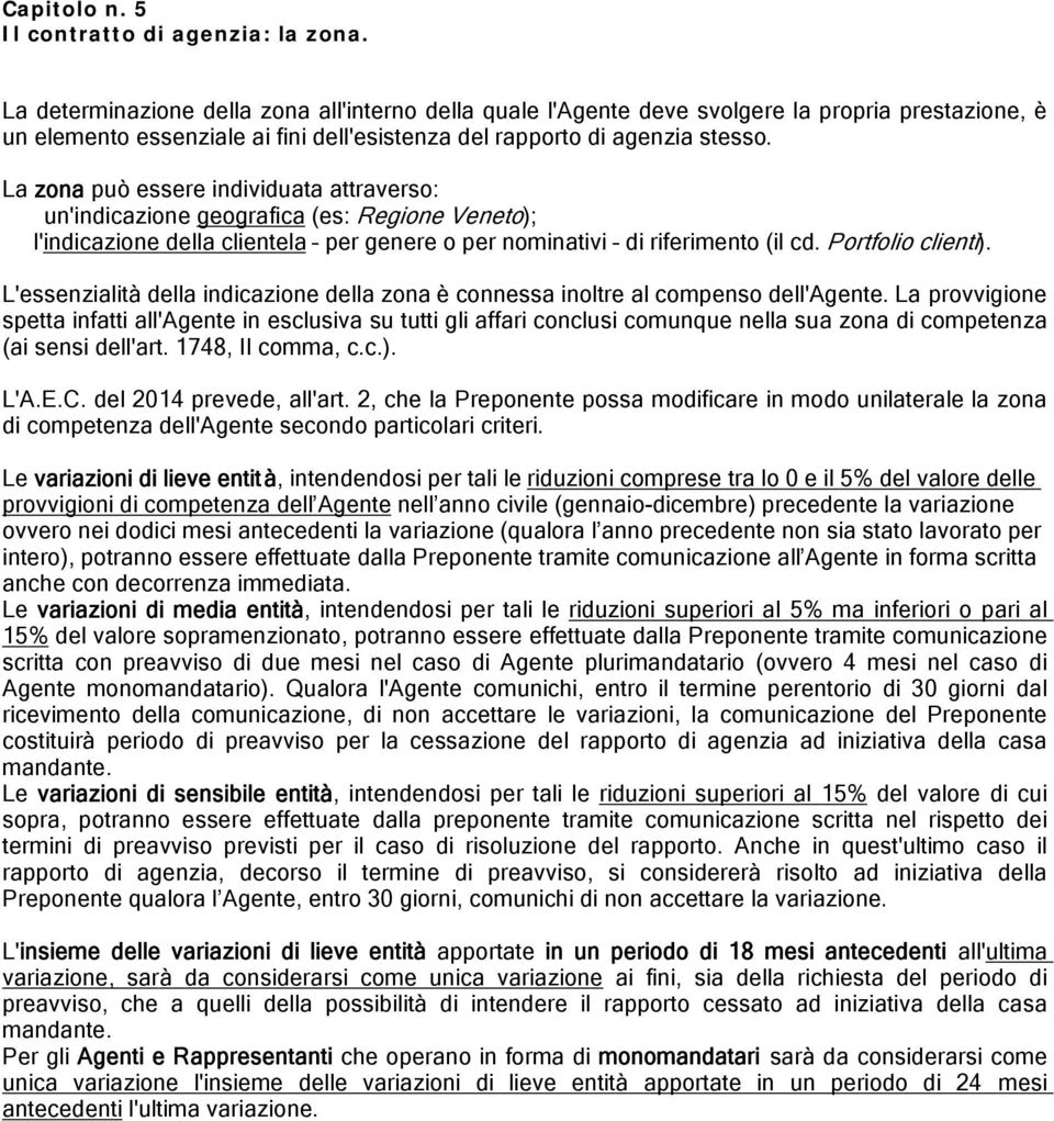 La zona può essere individuata attraverso: un'indicazione geografica (es: Regione Veneto); l'indicazione della clientela per genere o per nominativi di riferimento (il cd. Portfolio clienti).