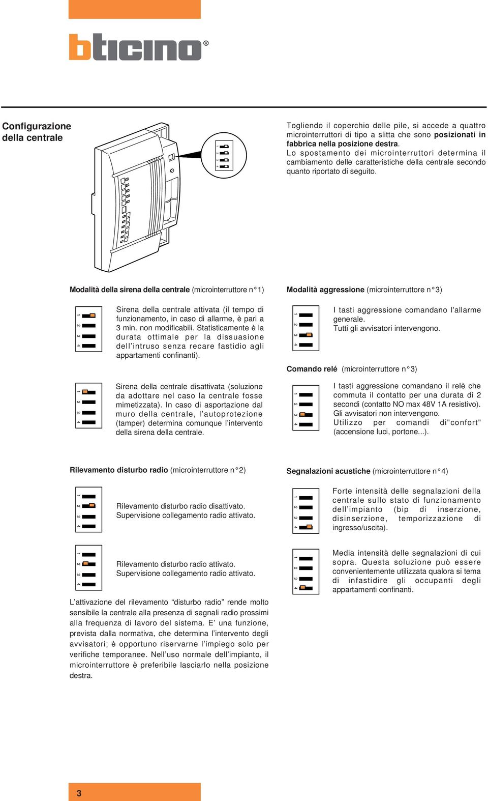 Modalità della sirena della centrale (microinterruttore n ) 3 4 3 4 3 4 3 4 Sirena della centrale attivata (il tempo di funzionamento, in caso di allarme, è pari a 3 min. non modificabili.