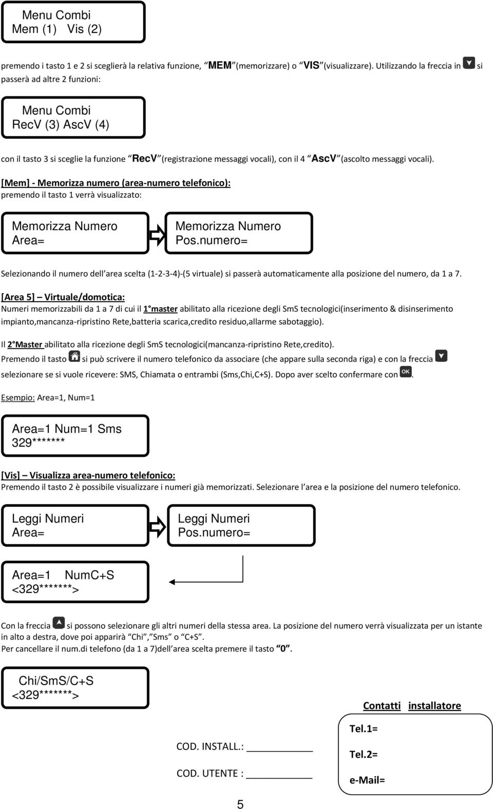 vocali). [Mem] Memorizza numero (area numero telefonico): premendo il tasto 1 verrà visualizzato: Memorizza Numero Area= Memorizza Numero Pos.
