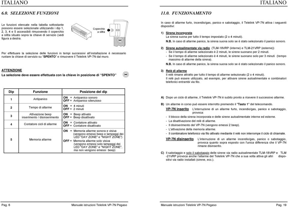 Coperchio a slitta In caso di allarme furto, incendio/gas, panico e sabotaggio, il Telelink VP-7N attiva i seguenti dispositivi: 1) Sirena incorporata La sirena suona per tutto il tempo impostato (2