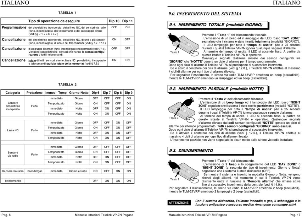 ) Cancellazione di un gruppo di sensori (furto, incendio/gas) o telecomandi (vedi 7.4.). Vengono cancellati tutti i sensori che hanno la stessa configurazione o tutti i telecomandi.