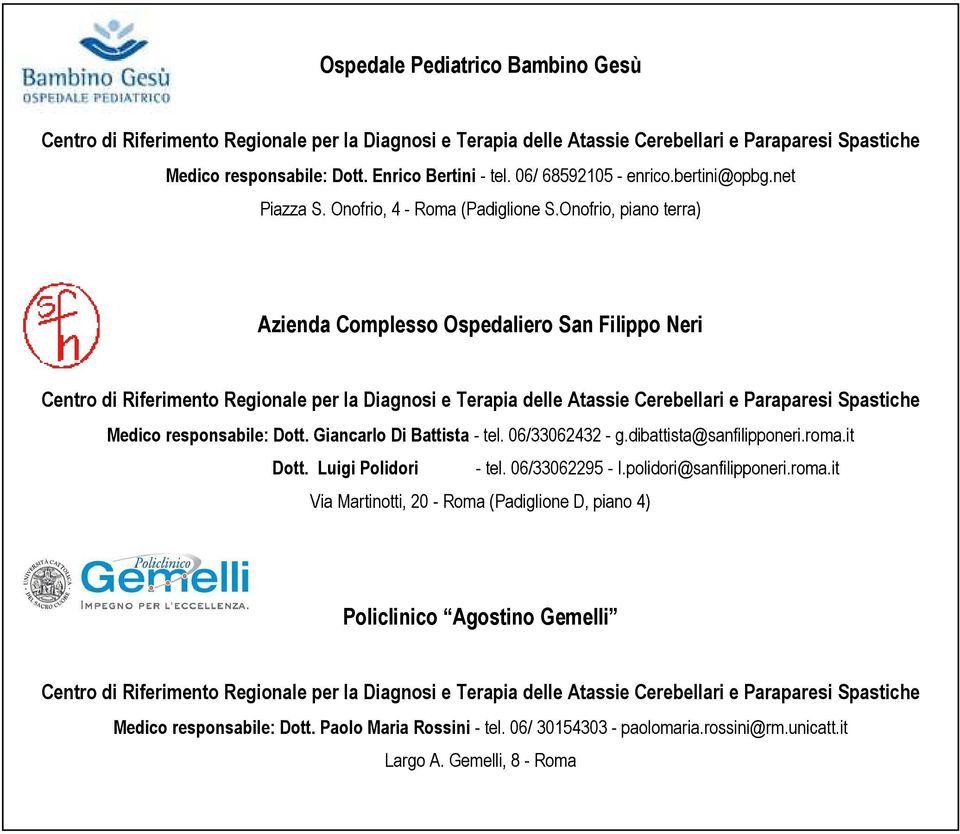 Onofrio, piano terra) Azienda Complesso Ospedaliero San Filippo Neri Centro di Riferimento Regionale per la Diagnosi e Terapia delle Atassie Cerebellari e Paraparesi Spastiche Medico responsabile: