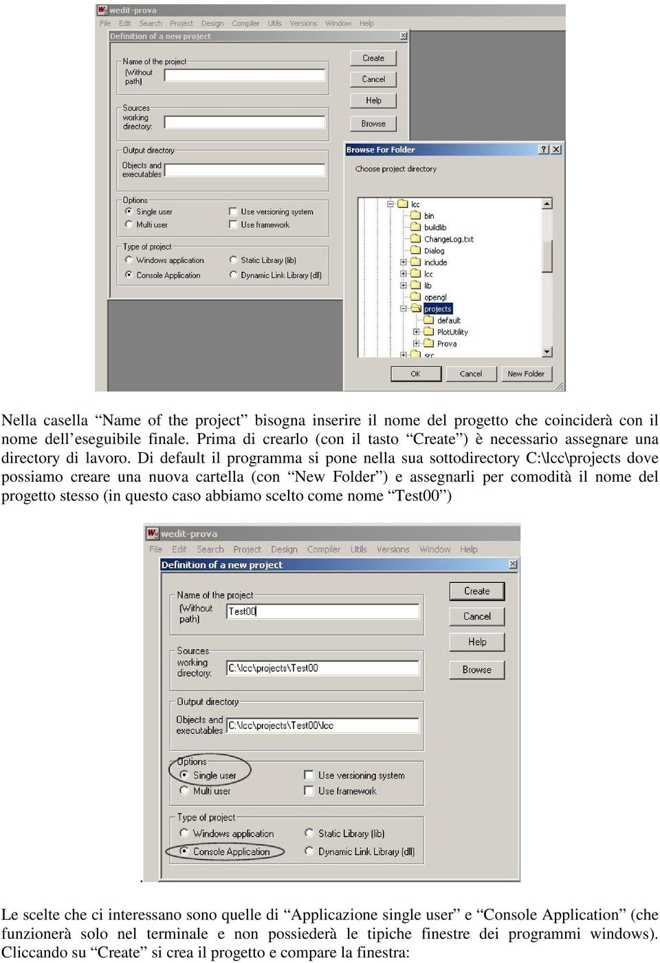 Di default il programma si pone nella sua sottodirectory C:\lcc\projects dove possiamo creare una nuova cartella (con New Folder ) e assegnarli per comodità il nome del