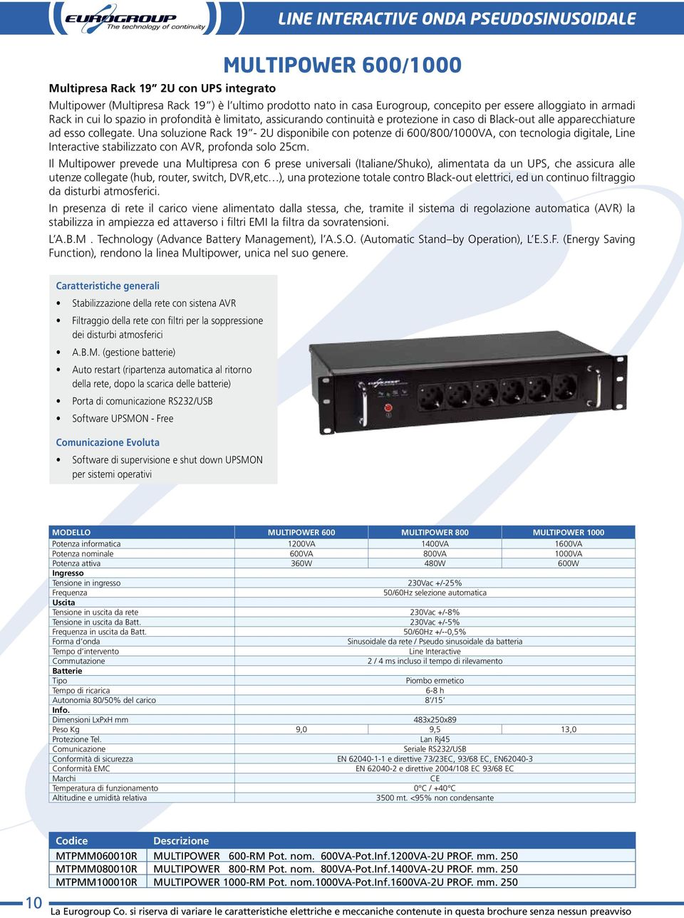 Una soluzione Rack 19-2U disponibile con potenze di 600/800/1000VA, con tecnologia digitale, Line Interactive stabilizzato con AVR, profonda solo 25cm.