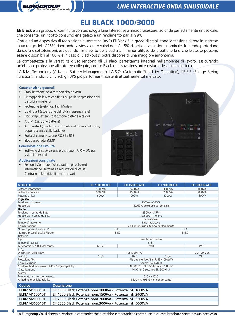 Grazie ad un dispositivo di regolazione automatica (AVR) Eli Black è in grado di stabilizzare la tensione di rete in ingresso in un range del +/-25% riportando la stessa entro valori del +/- 15%