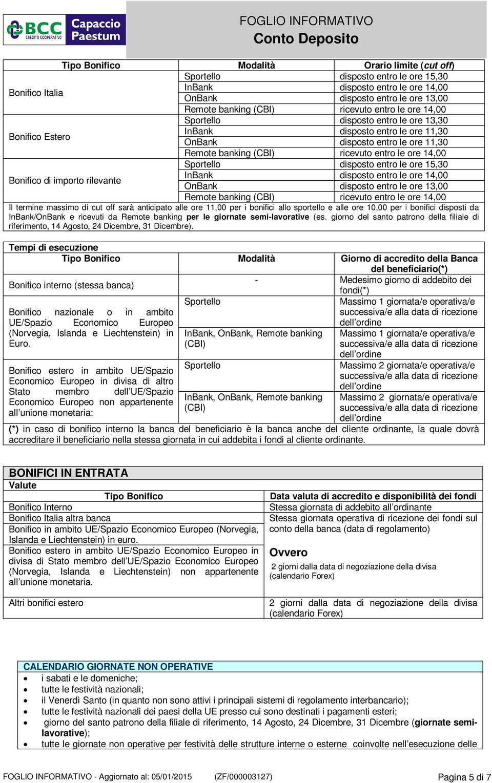 14,00 Sportello disposto entro le ore 15,30 InBank disposto entro le ore 14,00 Bonifico di importo rilevante OnBank disposto entro le ore 13,00 Remote banking (CBI) ricevuto entro le ore 14,00 Il