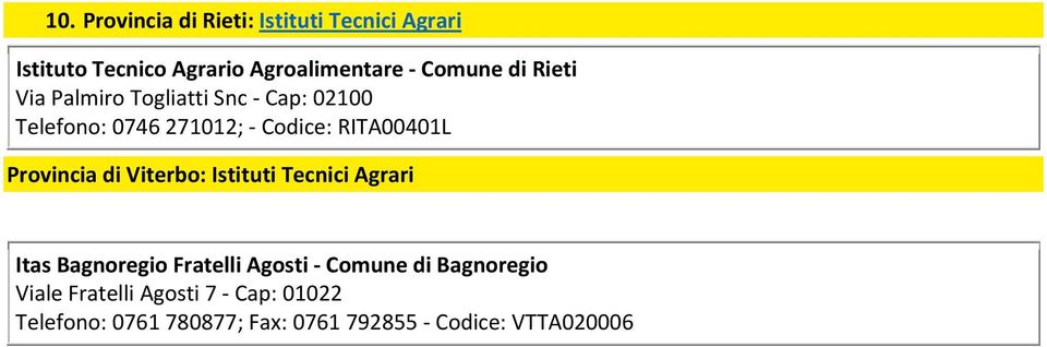 RITA00401L Provincia di Viterbo: Istituti Tecnici Agrari Itas Bagnoregio Fratelli Agosti