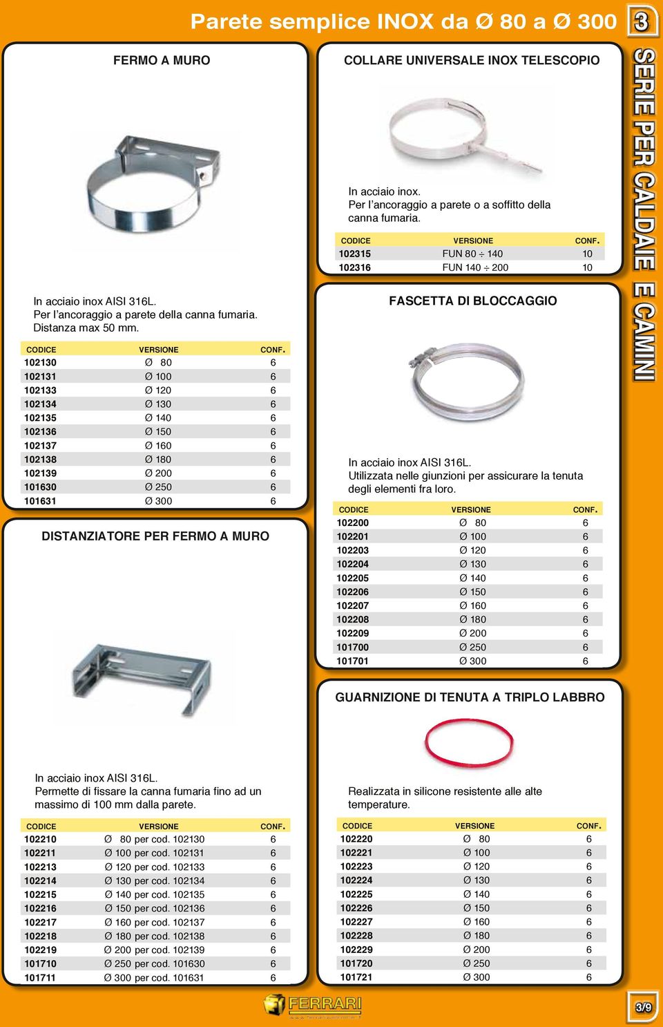 Collare universale inox telescopio In acciaio inox. Per l ancoraggio a parete o a soffitto della canna fumaria.