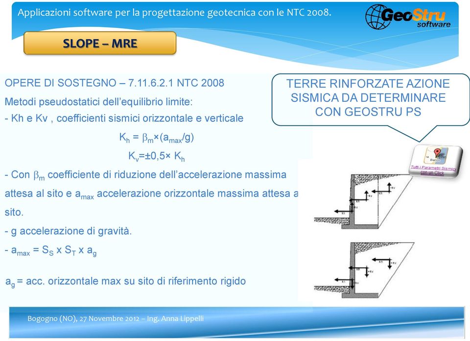 max /g) TERRE RINFORZATE AZIONE SISMICA DA DETERMINARE CON GEOSTRU PS K v =±0,5 K h - Con m coefficiente di riduzione dell