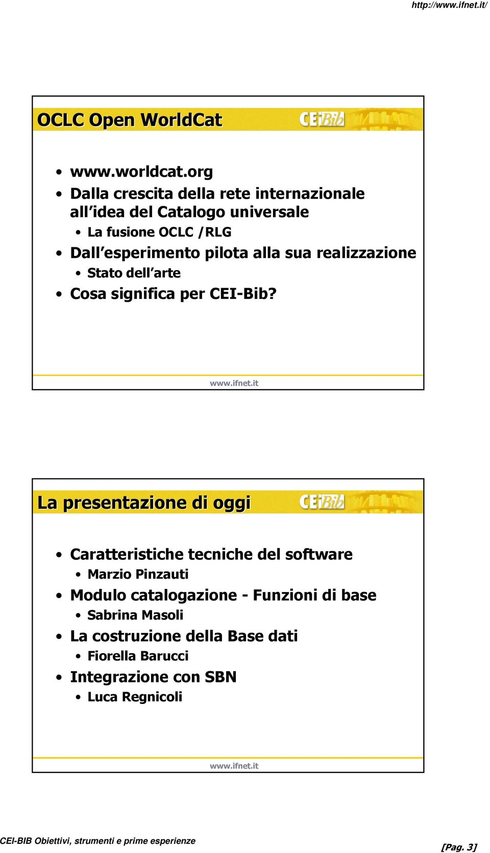 esperimento pilota alla sua realizzazione Stato dell arte Cosa significa per CEI-Bib?