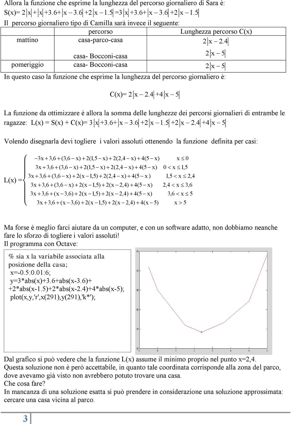 4 casa- Bocconi-casa 2 x 5 pomeriggio casa- Bocconi-casa 2 x 5 In questo caso la funzione che esprime la lunghezza del percorso giornaliero è: C(x)= 2 x 2.