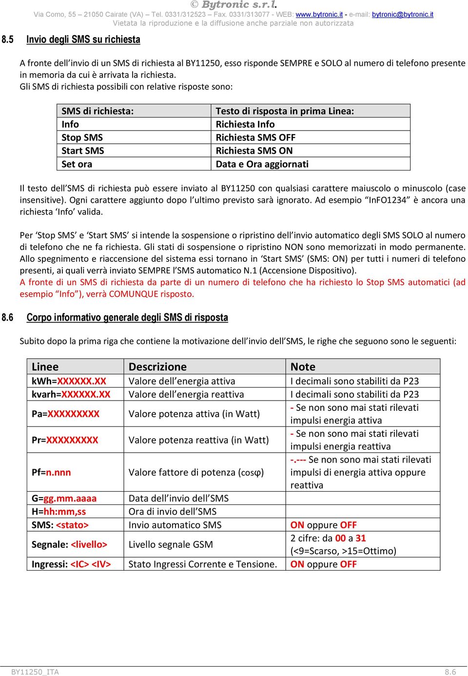 Ora aggiornati Il testo dell SMS di richiesta può essere inviato al BY11250 con qualsiasi carattere maiuscolo o minuscolo (case insensitive).