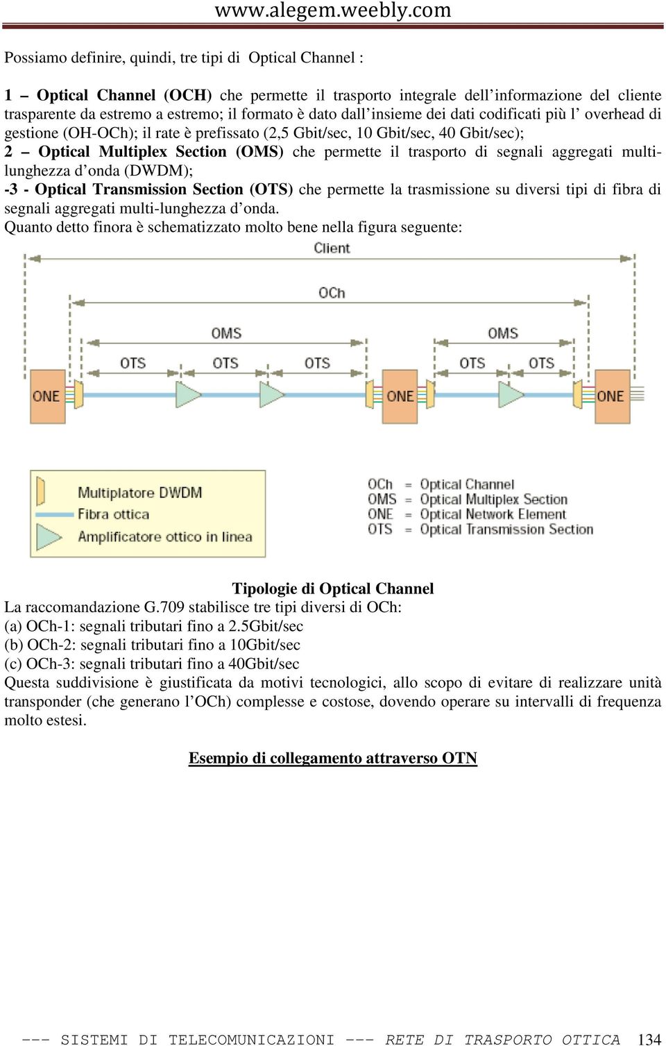 segnali aggregati multilunghezza d onda (DWDM); -3 - Optical Transmission Section (OTS) che permette la trasmissione su diversi tipi di fibra di segnali aggregati multi-lunghezza d onda.