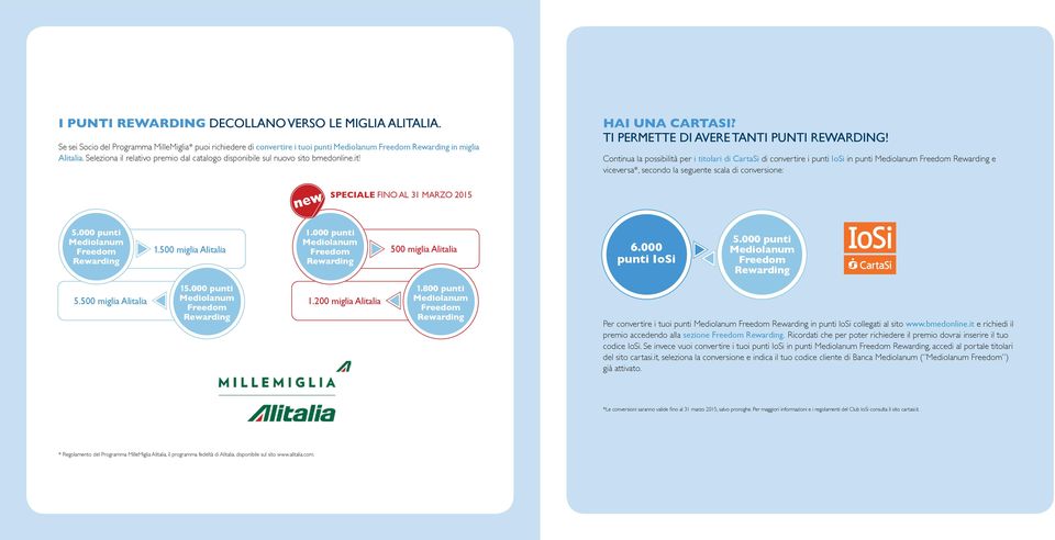 Continua la possibilità per i titolari di CartaSi di convertire i punti IoSi in punti e viceversa*, secondo la seguente scala di conversione: new new SPECIALE FINO AL 31 MARZO 2015 5.000 punti 1.