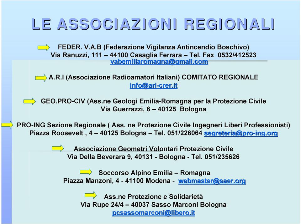 ne Protezione Civile Ingegneri Liberi Professionisti) Piazza Roosevelt, 4 40125 Bologna Tel. 051/226064 segreteria@pro-ing.org ing.