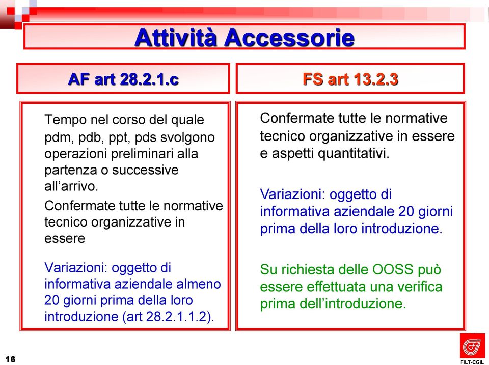 introduzione (art 28.2.1.1.2). Confermate tutte le normative tecnico organizzative in essere e aspetti quantitativi.