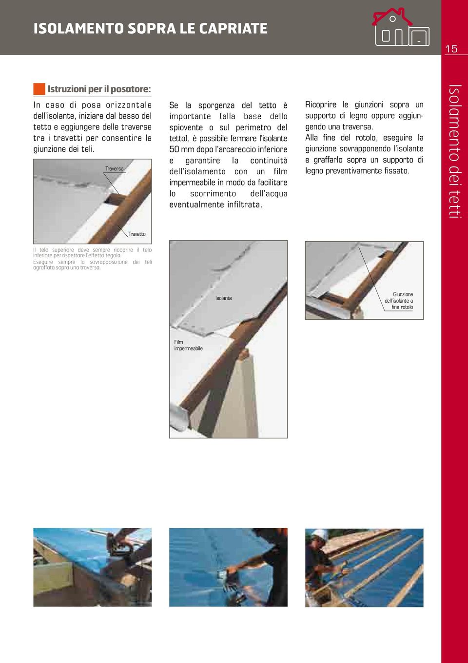 Traversa Se la sporgenza del tetto è importante (alla base dello spiovente o sul perimetro del tetto), è possibile fermare l isolante 50 mm dopo l arcareccio inferiore e garantire la continuità dell