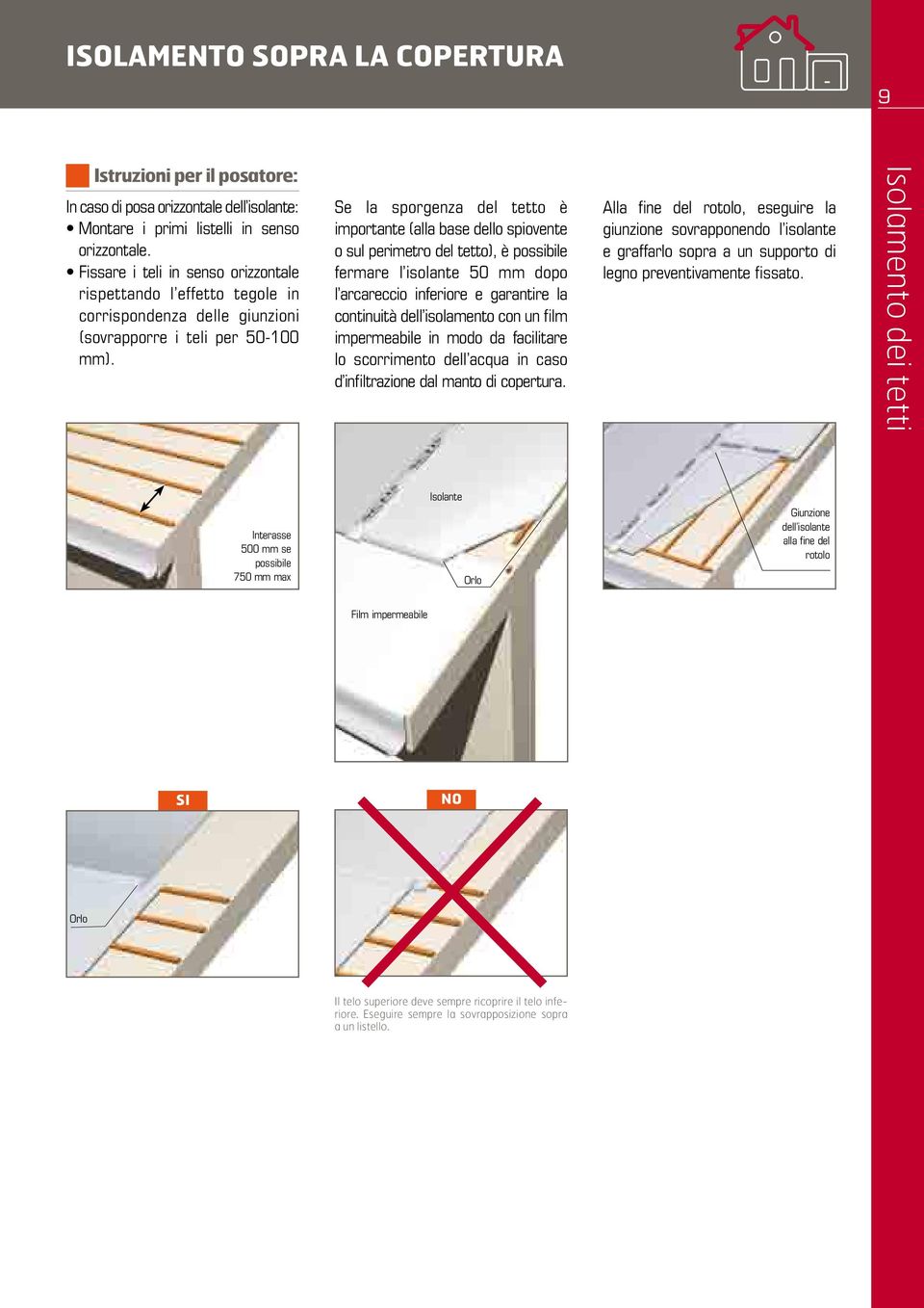 Se la sporgenza del tetto è importante (alla base dello spiovente o sul perimetro del tetto), è possibile fermare l isolante 50 mm dopo l arcareccio inferiore e garantire la continuità dell