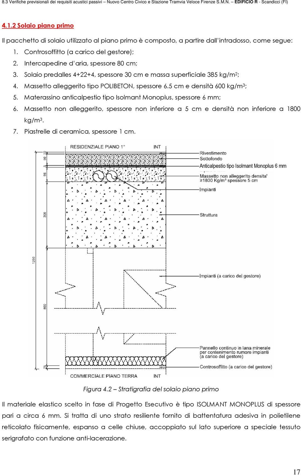 Materassino anticalpestio tipo Isolmant Monoplus, spessore 6 mm; 6. Massetto non alleggerito, spessore non inferiore a 5 cm e densità non inferiore a 1800 kg/m 3. 7.