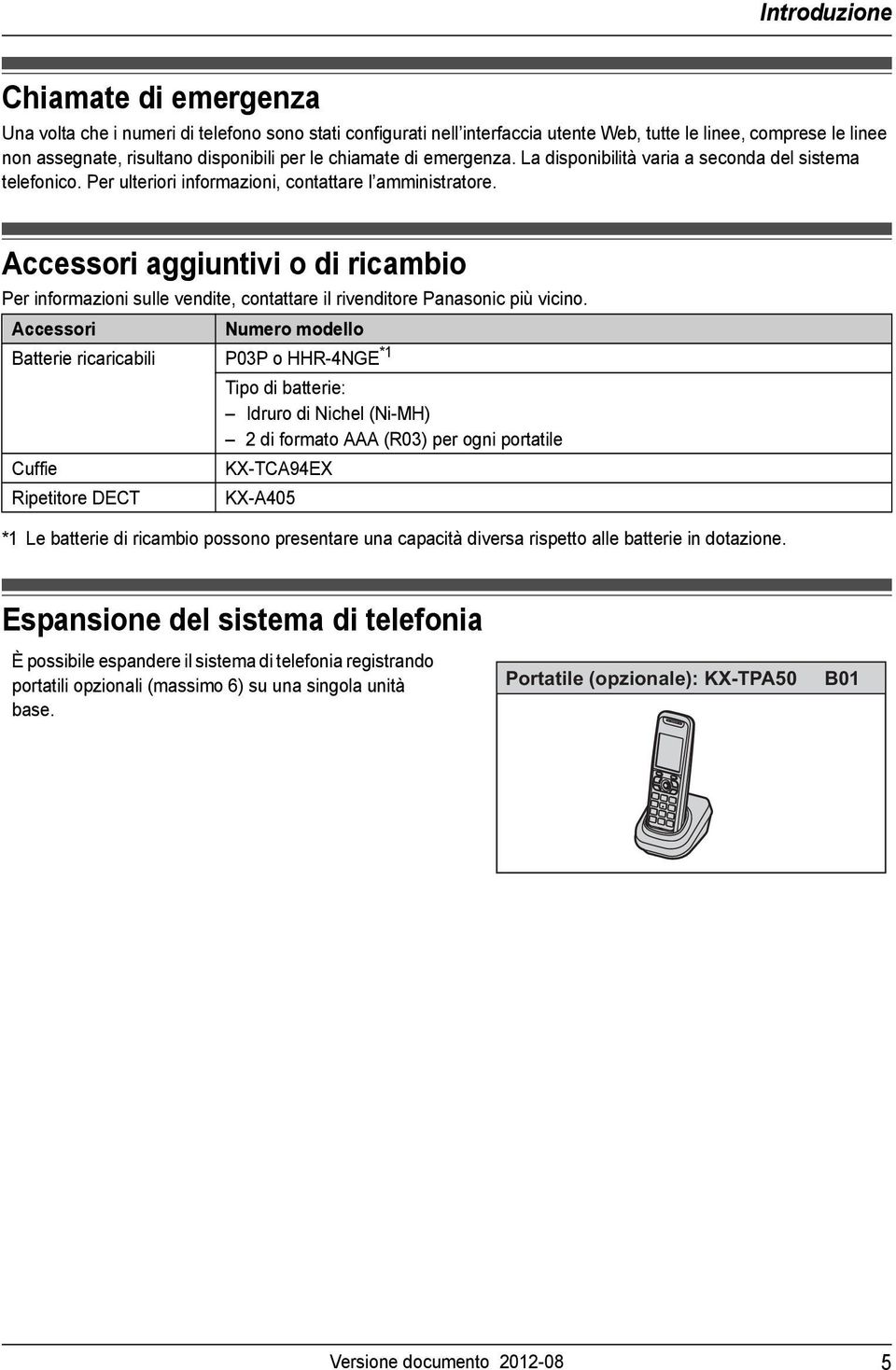 Accessori aggiuntivi o di ricambio Per informazioni sulle vendite, contattare il rivenditore Panasonic più vicino.