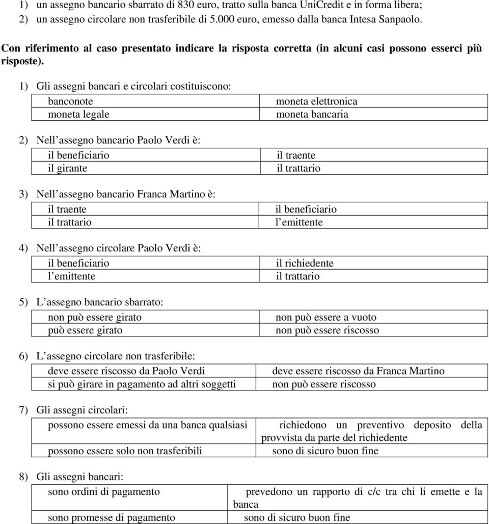 1) Gli assegni bancari e circolari costituiscono: banconote moneta legale 2) Nell assegno bancario Paolo Verdi è: il girante 3) Nell assegno bancario Franca Martino è: 4) Nell assegno circolare Paolo