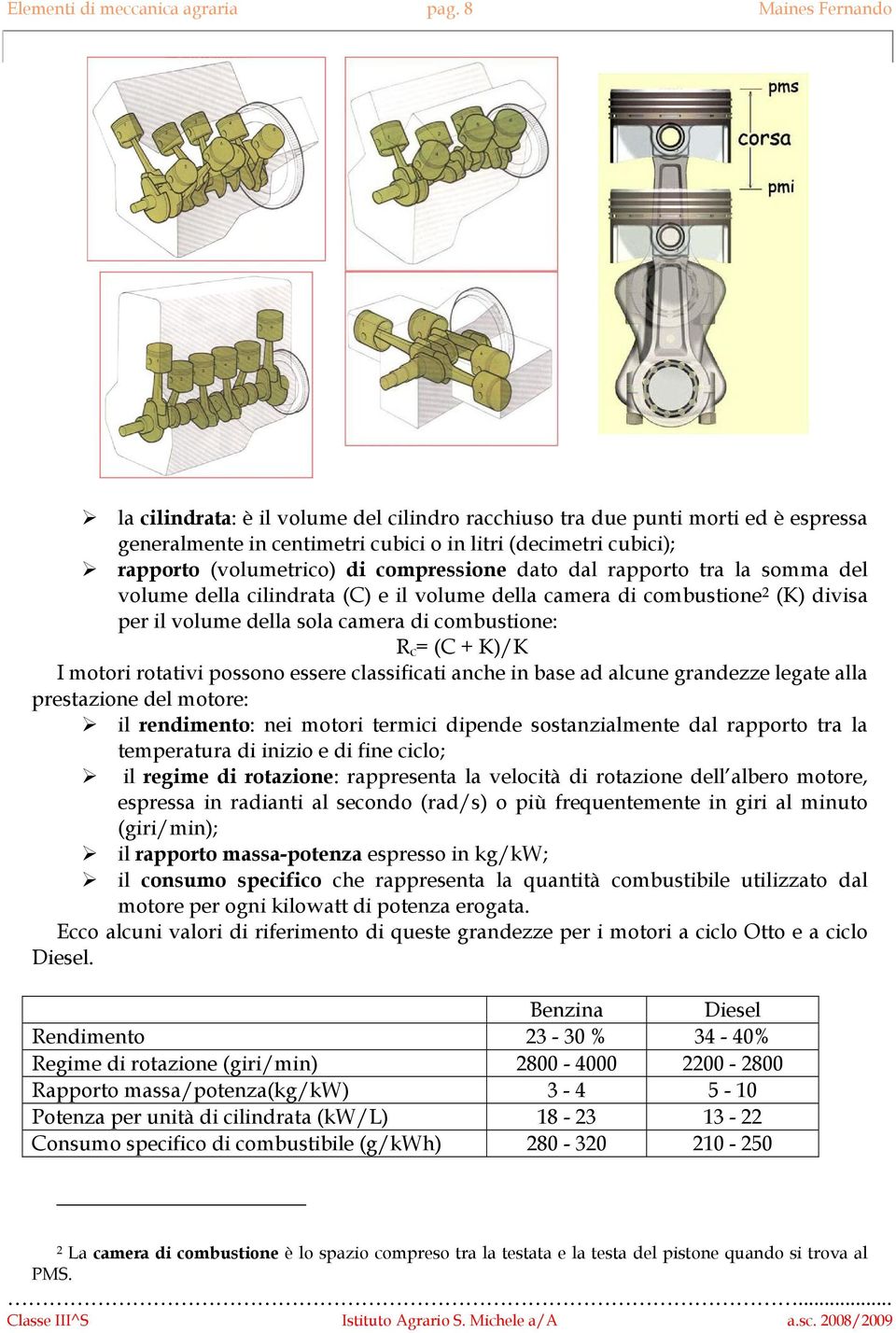 compressione dato dal rapporto tra la somma del volume della cilindrata (C) e il volume della camera di combustione 2 (K) divisa per il volume della sola camera di combustione: R c = (C + K)/K I