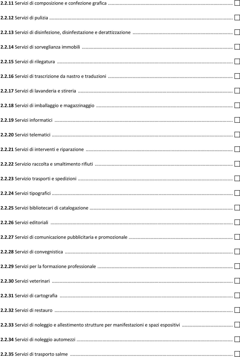 .. 2.2.21 Servizi di interventi e riparazione... 2.2.22 Servizio raccolta e smaltimento rifiuti... 2.2.23 Servizio trasporti e spedizioni... 2.2.24 Servizi tipografici... 2.2.25 Servizi bibliotecari di catalogazione.