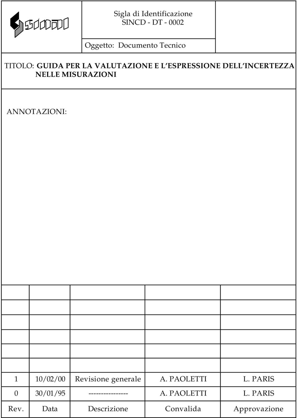 ANNOTAZIONI: 1 10/0/00 Revisione generale A. PAOLETTI L.