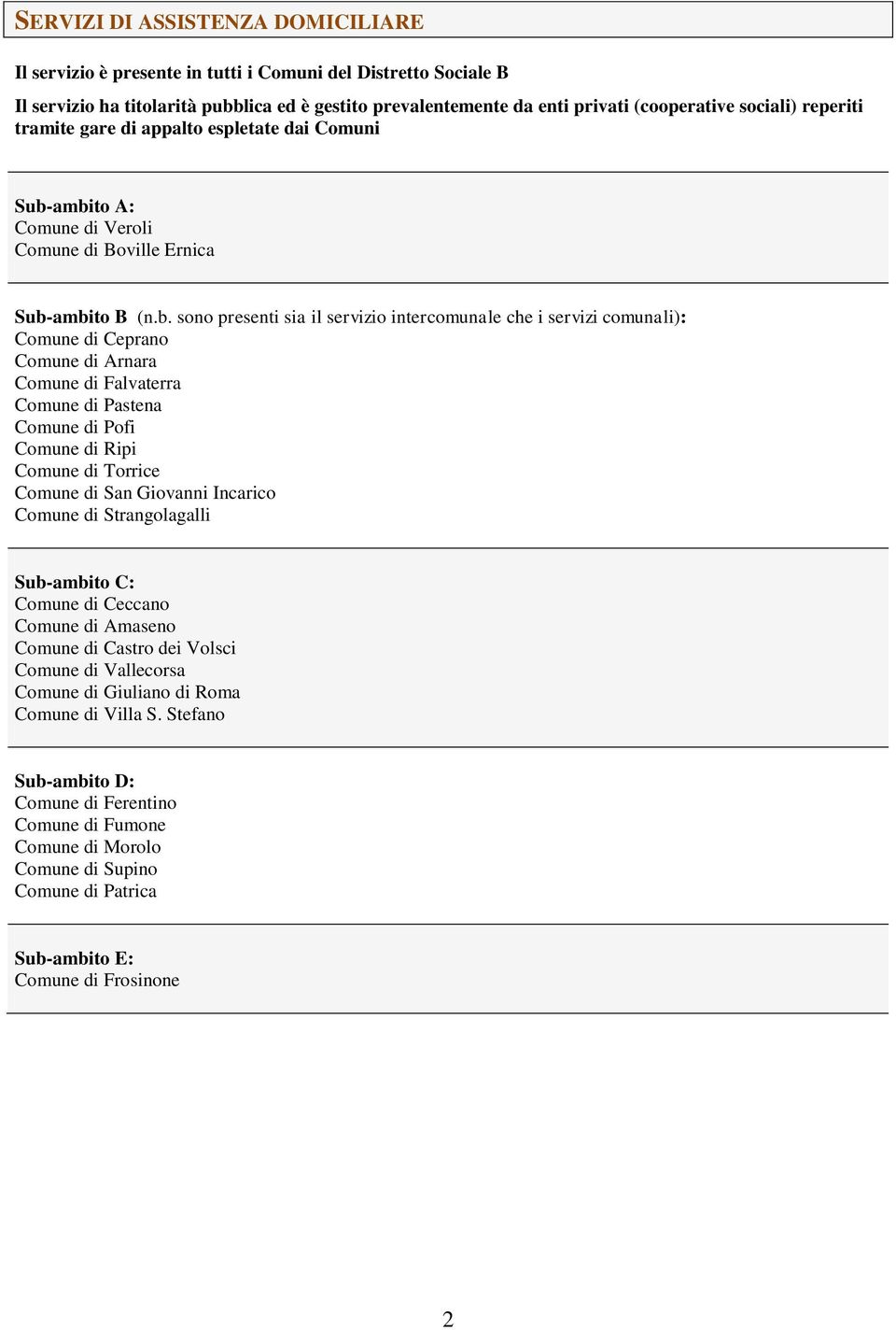 ambito A: Comune di Veroli Comune di Boville Ernica Sub-ambito B (n.b. sono presenti sia il servizio intercomunale che i servizi comunali): Comune di Ceprano Comune di Arnara Comune di Falvaterra