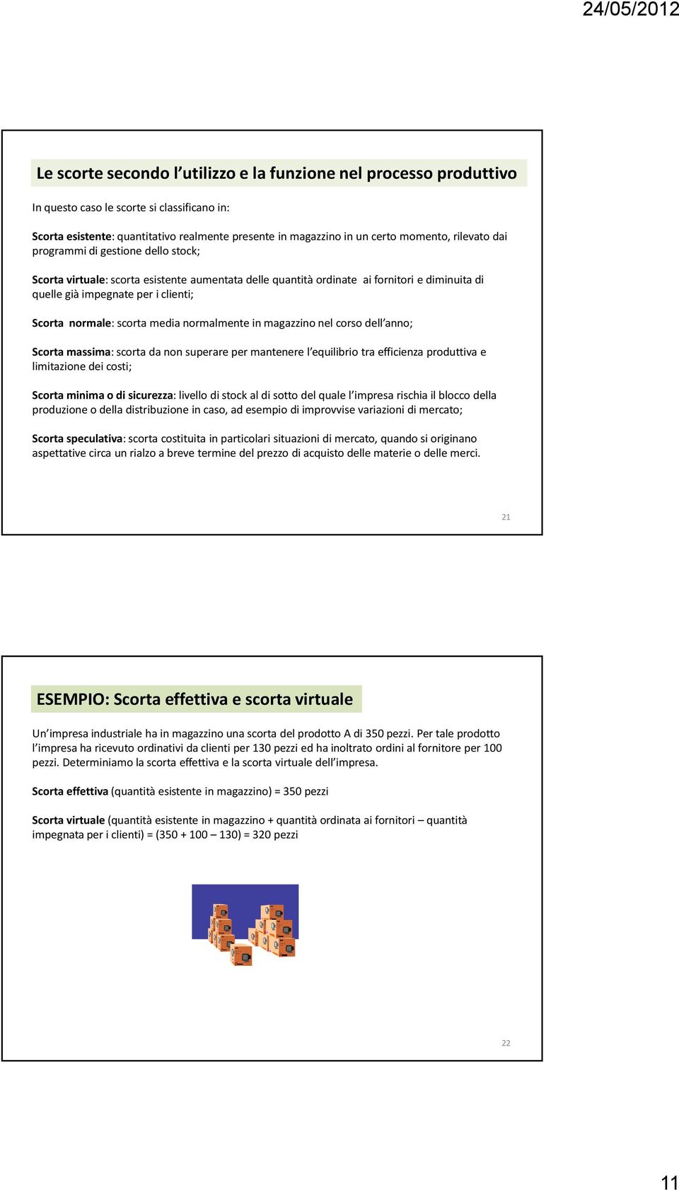 scorta media normalmente in magazzino nel corso dell anno; Scorta massima: scorta da non superare per mantenere l equilibrio tra efficienza produttiva e limitazione dei costi; Scorta minima o di