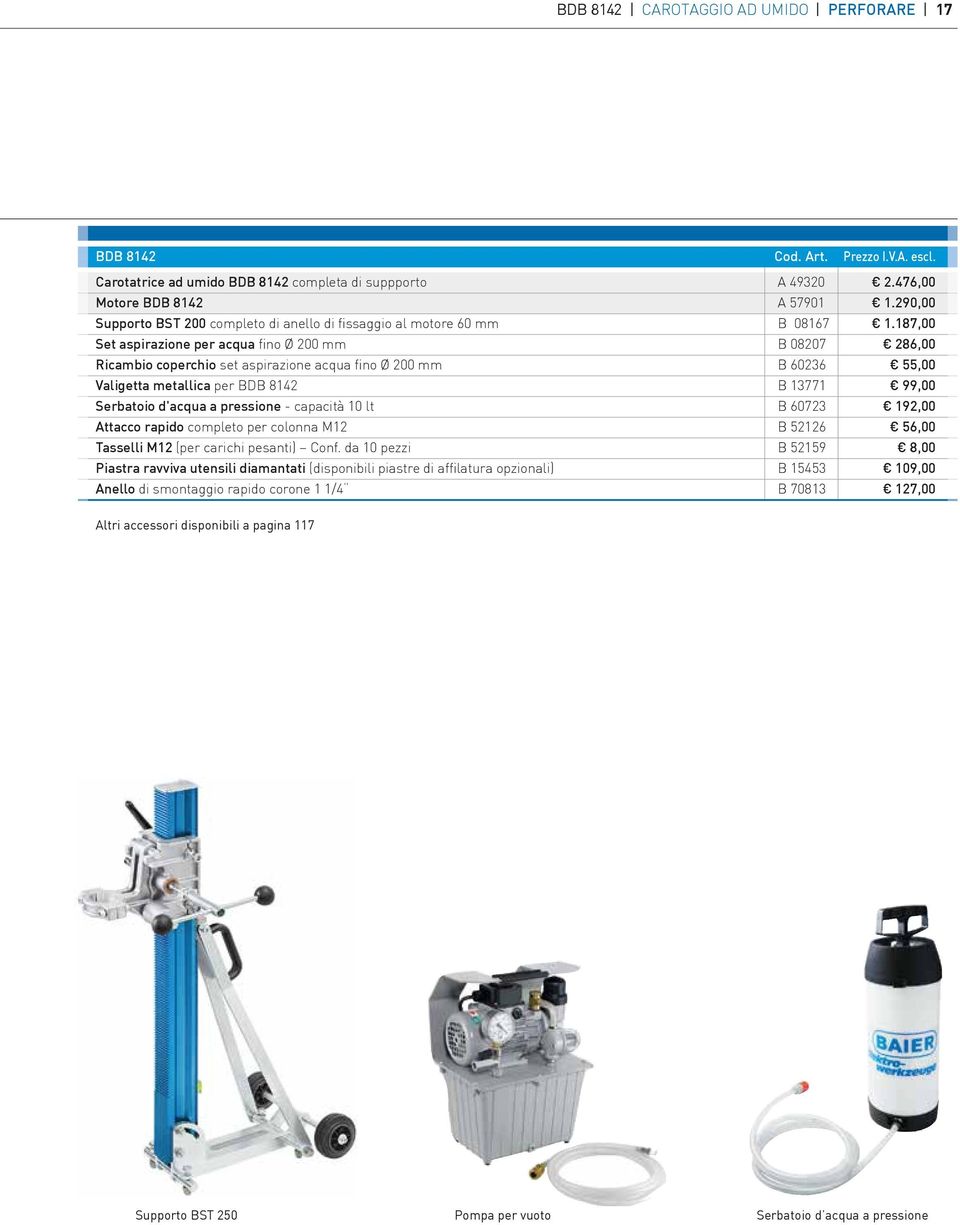 aspirazione acqua fino Ø 200 mm Valigetta metallica per BDB 8142 Serbatoio d'acqua a pressione - capacità 10 lt Attacco rapido completo per colonna M12 Tasselli M12 (per carichi pesanti) Conf.
