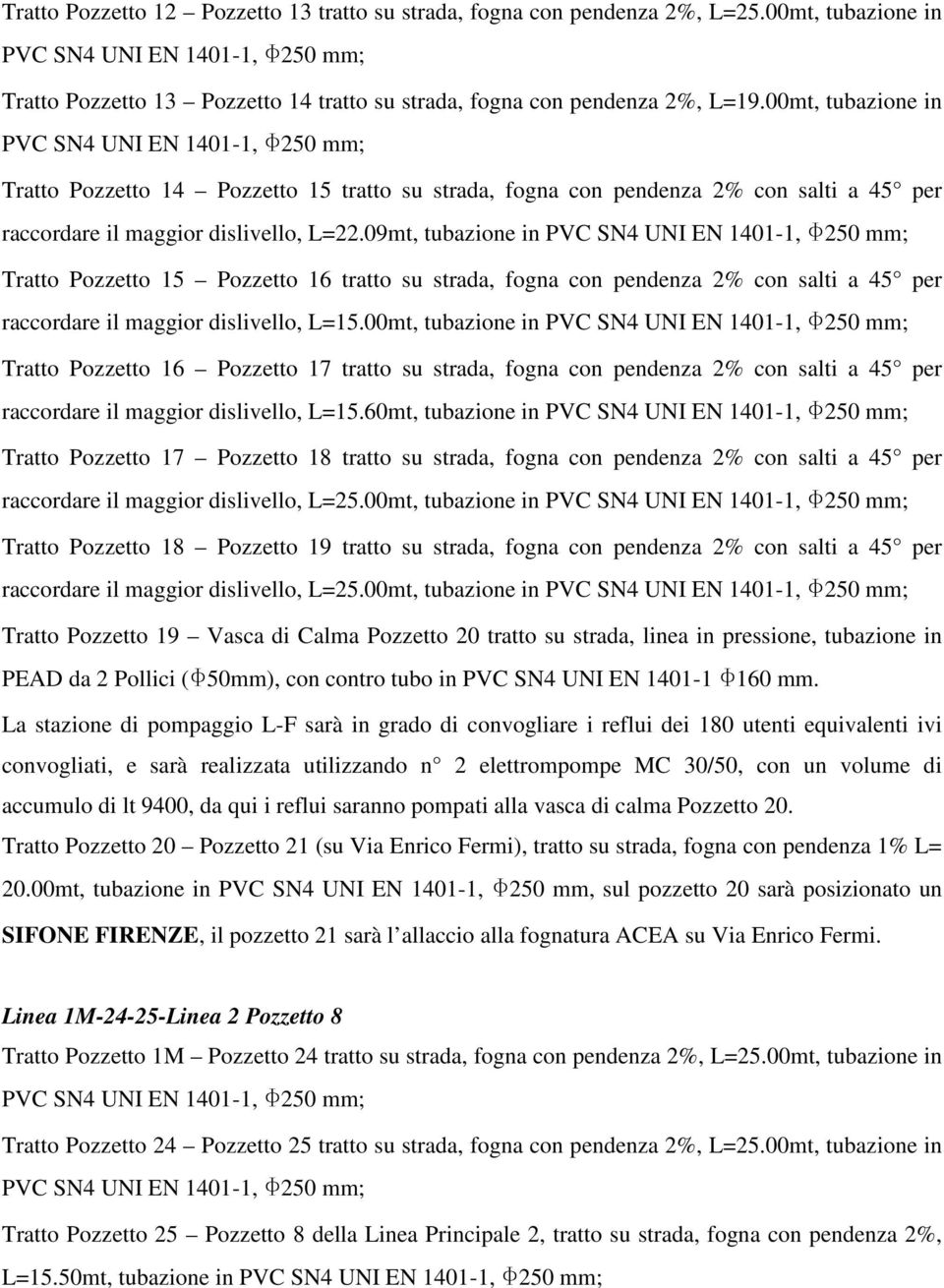 09mt, tubazione in Tratto Pozzetto 15 Pozzetto 16 tratto su strada, fogna con pendenza 2% con salti a 45 per raccordare il maggior dislivello, L=15.