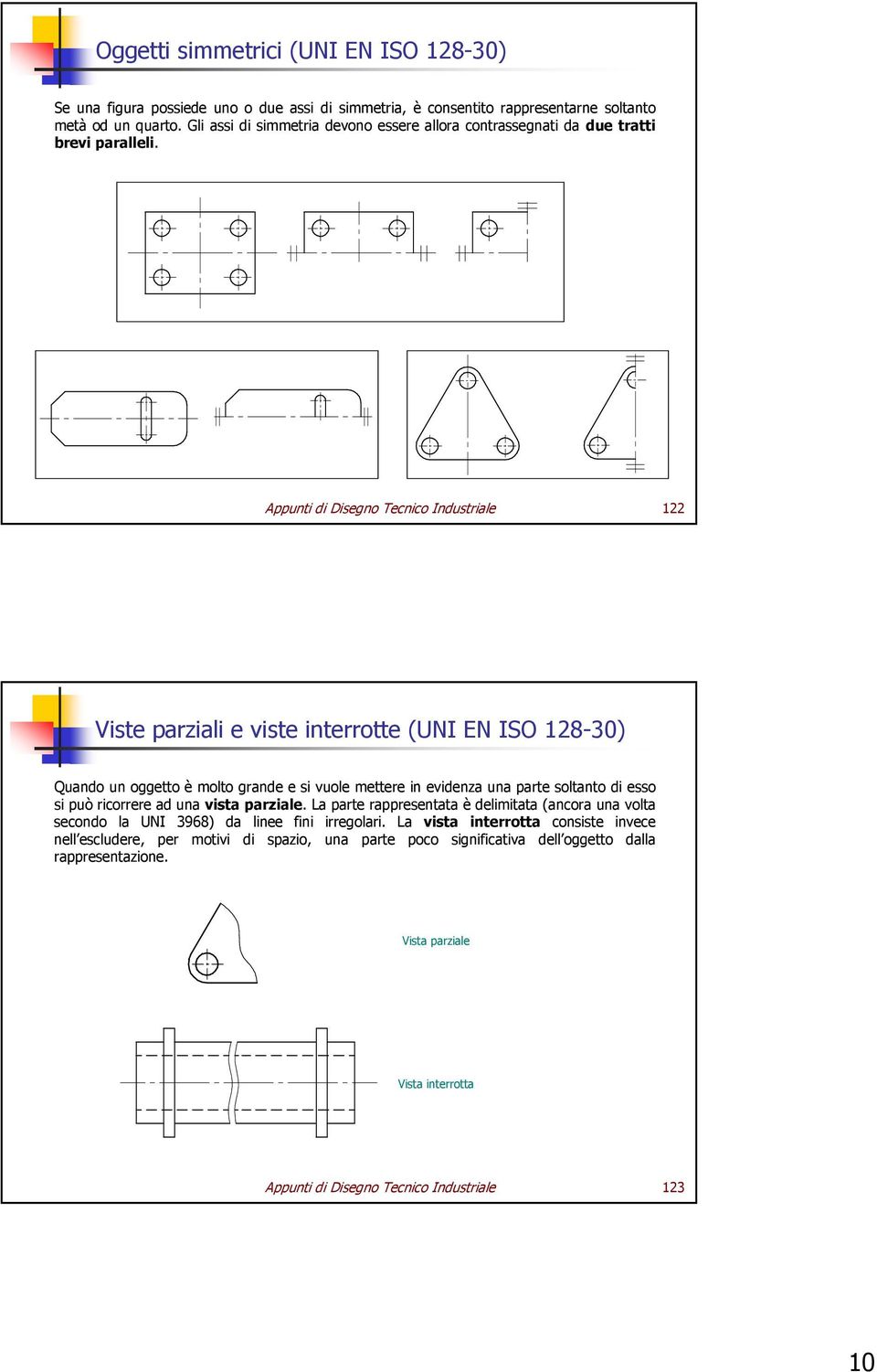 Appunti di Disegno Tecnico Industriale 122 Viste parziali e viste interrotte (UNI EN ISO 128-30) Quando un oggetto èmolto grande e si vuole mettere in evidenza una parte soltanto di esso si può